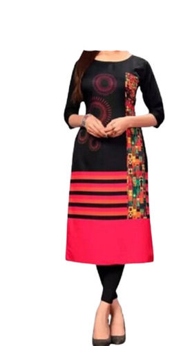 Black And Pink Women 3/4Th Sleeves Round Neck Casual Wear Printed Soft Cotton Kurti