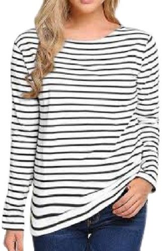 Comfortable Stripped Pattern Round Neck Long Sleeve Polyester T-Shirt For Ladies  Age Group: 18-25