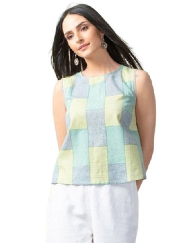 Yellow Comfortable And Skin Friendly Sleeveless Round Neck Casual Wear Fancy Top For Ladies