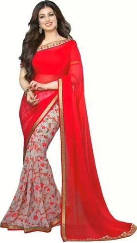 Red And White 5.5 Meter Long Casual Wear Floral Printed Pure Georgette Saree With Blouse