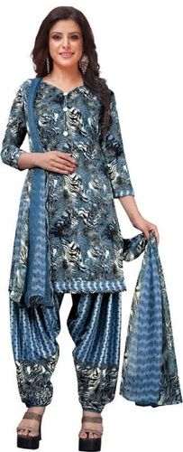 Blue V-Neck Full Sleeve Fade Free Light Weight Breathable Cotton Printed Suit Salwar With Dupatta 