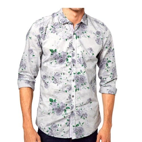 Mens Fashionable And Stylish Look Collar Neck Flower White Printed Cotton Shirts