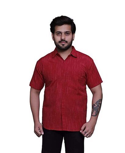 Red Colorfastness Casual And Cutaway Buttons Half Sleeves Plain Men Cotton Shirt