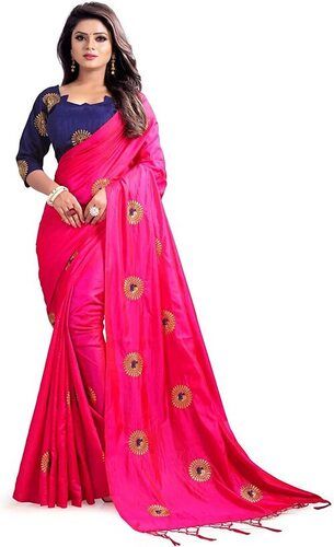 Light In Weight Printed Pink Color Party Wear Patch Work Art Silk Ladies Saree