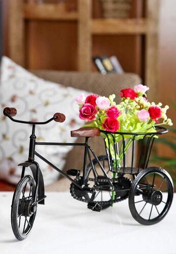 Lightweight Wooden And Wrought Iron Antique Rickshaw Cycle Showpiece For Home Decor  Base Material: Metal Base