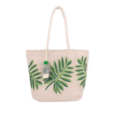 Washable Shoulder Length Handle Leaf Embroidered Jute Bag For Shopping