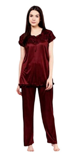 Plain Dyed Short Sleeves Satin Ladies Night Suit With Luxurious Silky Feel