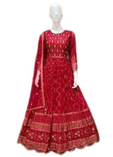 Washable Ladies Embroidered 3-4Th Sleeve Red Party Wear Anarkali Churidar Suits