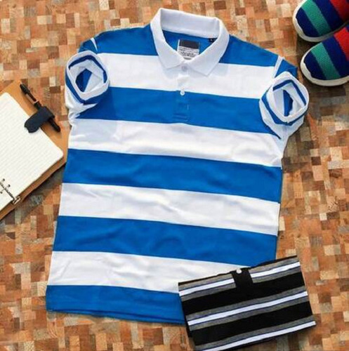 Blue+White Mens Casual Wear 100% Cotton Pique Double Tuck Stripped Polo T-Shirts