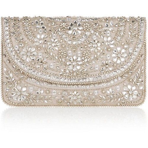 Silver Cotton Rectangular Ladies Stylish Embroidered Clutch Bag