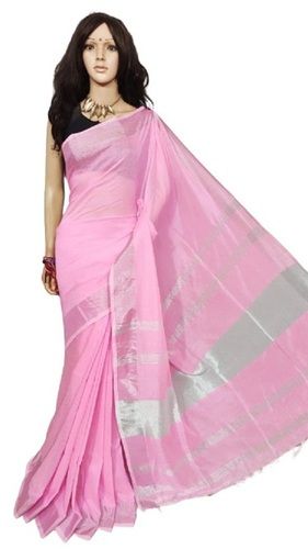 Casual Ladies Plain Pink Pure Cotton Saree With Unstiched Blouse Piece