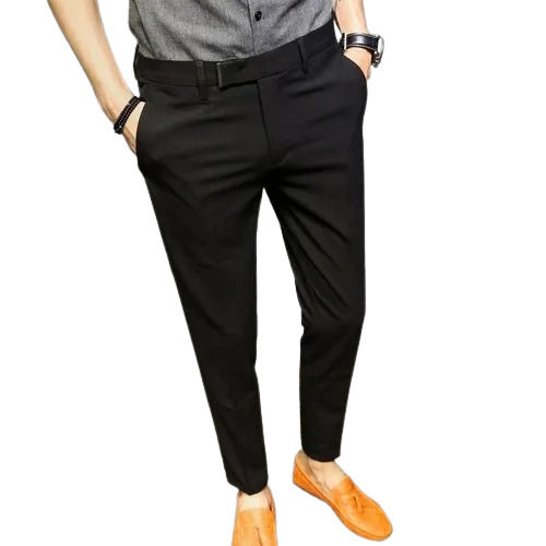 Black Casual Wear Regular Fit Ankle Length Zipper Fly Plain Dyed Cotton Mens Trouser