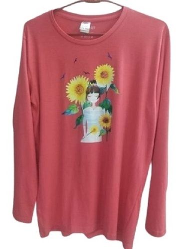 Pink Ladies Printed Long Sleeve Round Neck Cotton T-Shirt