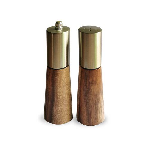 Brown Stainless Steel Top Gold Plated Acacia Wooden Base Salt And Pepper Shaker Set Of 2