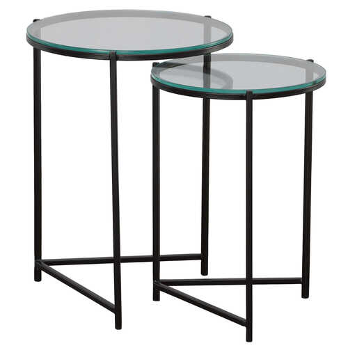Round Shaped Black Coated Finished Iron Nesting Table Set of 2 For Daily Use