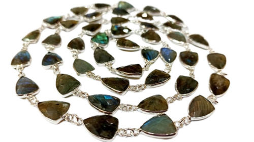 Blue Natural Labradorite Trillion Shape Gemstone Bezel Connector Chain 10X13Mm 