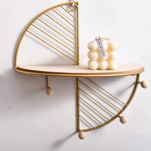 Premium Golden Shelf x Shape - Metal Shelf - Home Decor with Wooden Shelf with Wooden Hanging Hooks