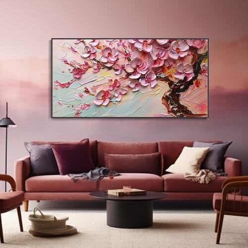 3D Pink Cherry Blossom Canvas Oil Painting Hand Cream Texture Wall Art