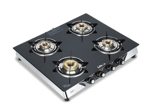 LIFE OK Black 4 Burner Gas Stove with Toughened Glass Top and Stainless Steel Body