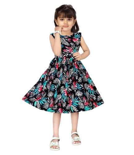 Girls Polyester Printed Frock - Summer Wear, Sleeveless, Black | Anti-Wrinkle, Breathable, Machine Washable, Available in Sizes S, M, L