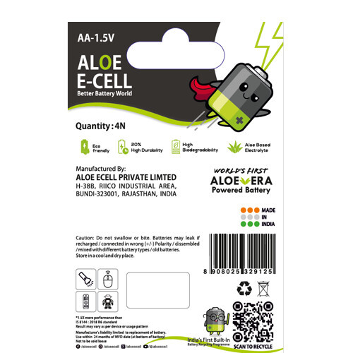 Aloe Ecell Aloe Vera-Based AA 1.5V Battery - Dry Charged, 1.5V Nominal Voltage, 100g Weight | Eco-Friendly, Built-In Recycling Program, 1.5X More Performance*
