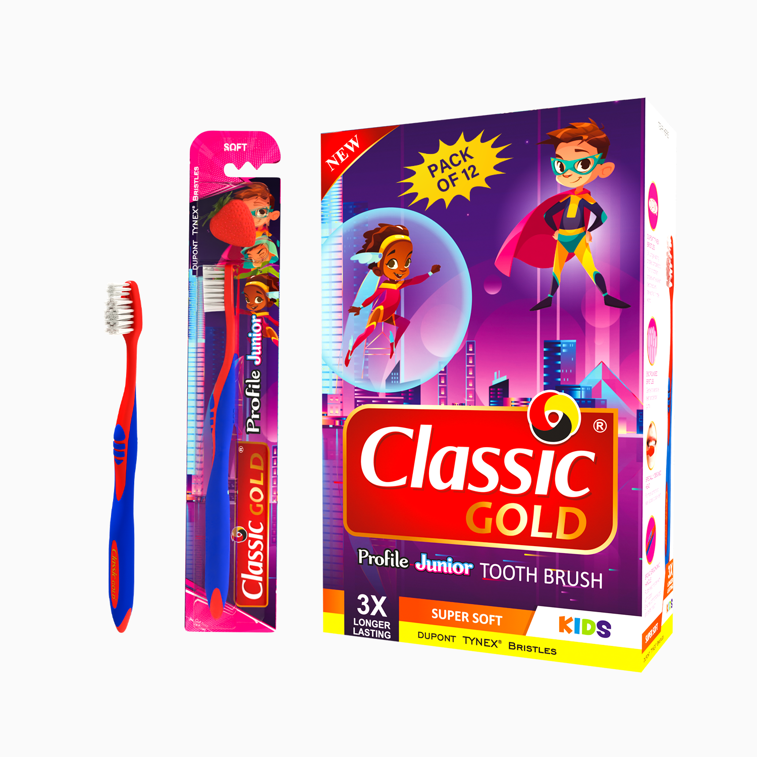 Classic Gold Manual Kids Toothbrush - Color: Red & Blue