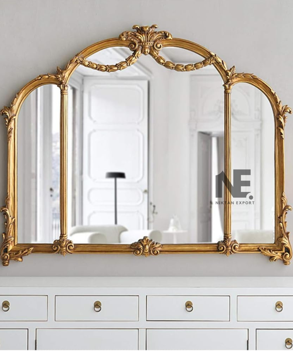 Vintage Foldable Wall Mirror Triple Gold Arched Wood Frame Vanity Decor