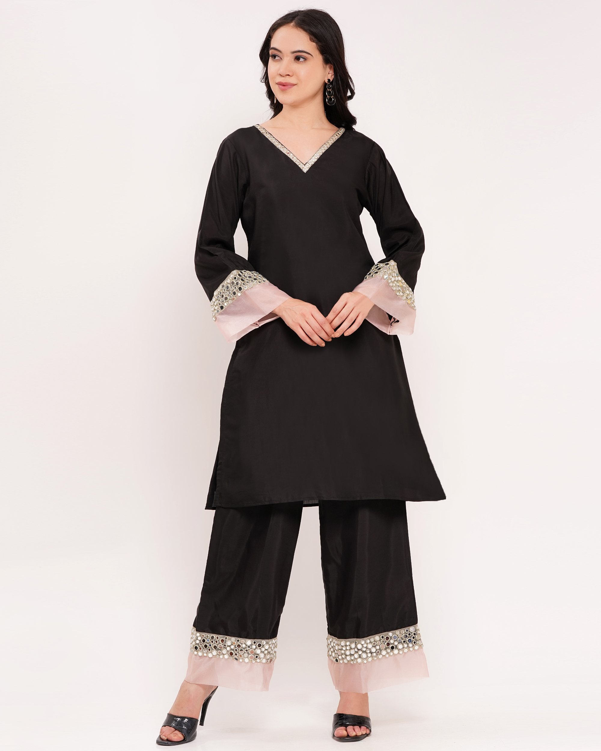 Women Black Roman Silk Co-Ord Set - Feature: Washable And Breathable