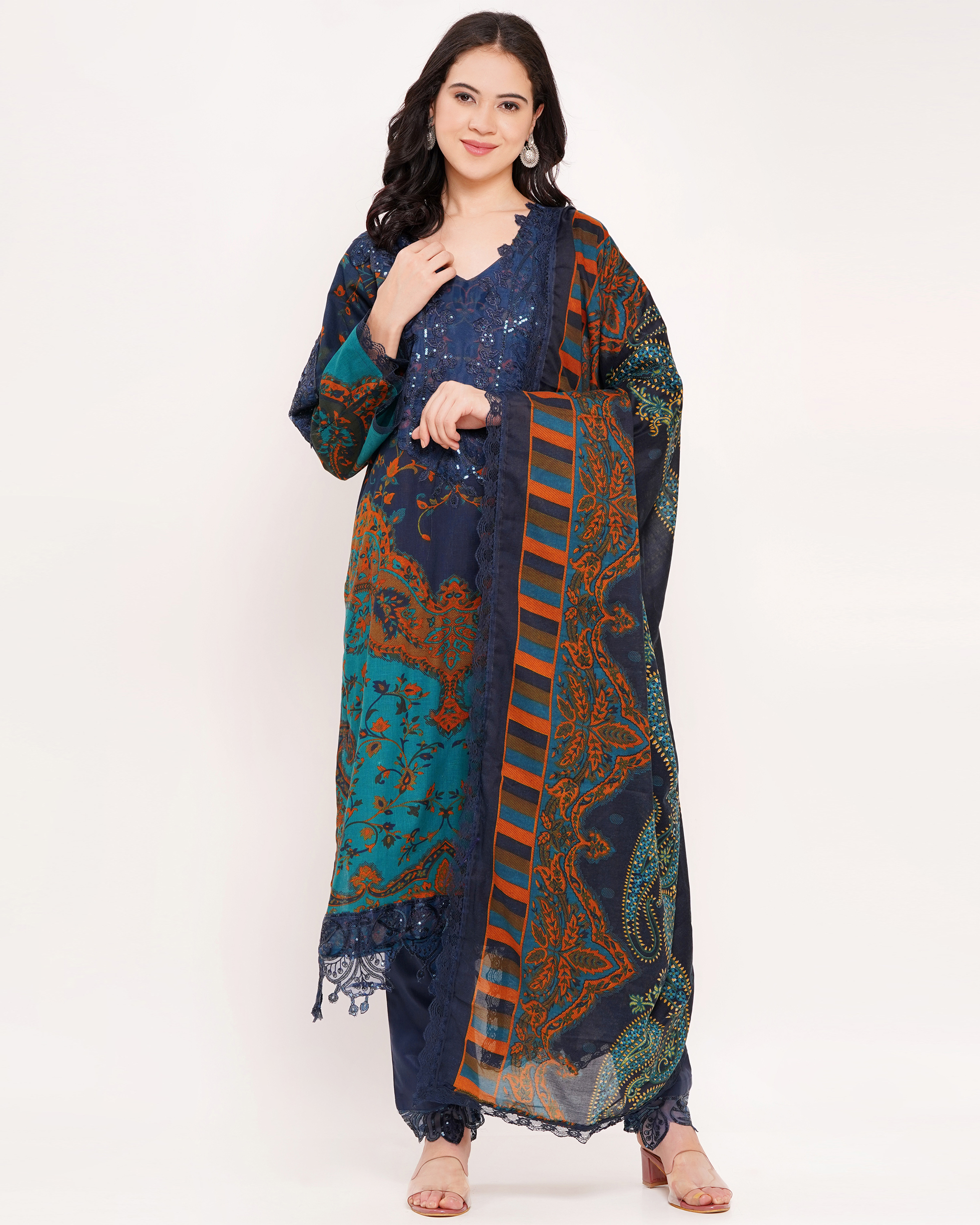 Teal & Navy Blue Pakistani Lawn Cotton Suit Set