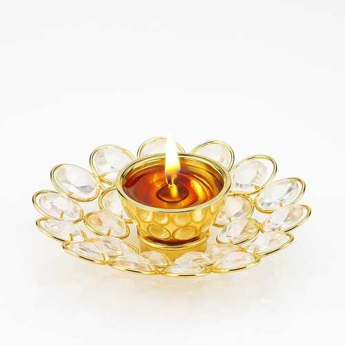 Decorative Brass Tealight Diya With Crystal Studs AndA  Golden Finish