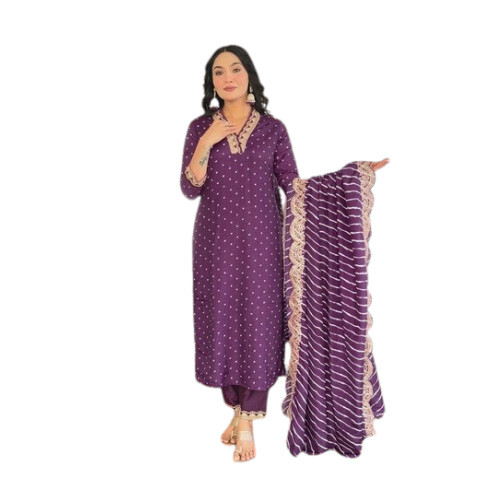 Purple Bandhani Vichitra Silk Salwar Kameez - Design: Traditional