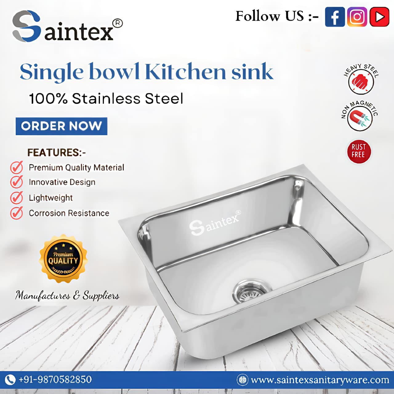 Single Bowl Kitchen Sink - Stainless Steel, 5 kg, Silver | Rust Proof, Durable, Top-mount Installation, Deep Single Bowl for Efficient Use