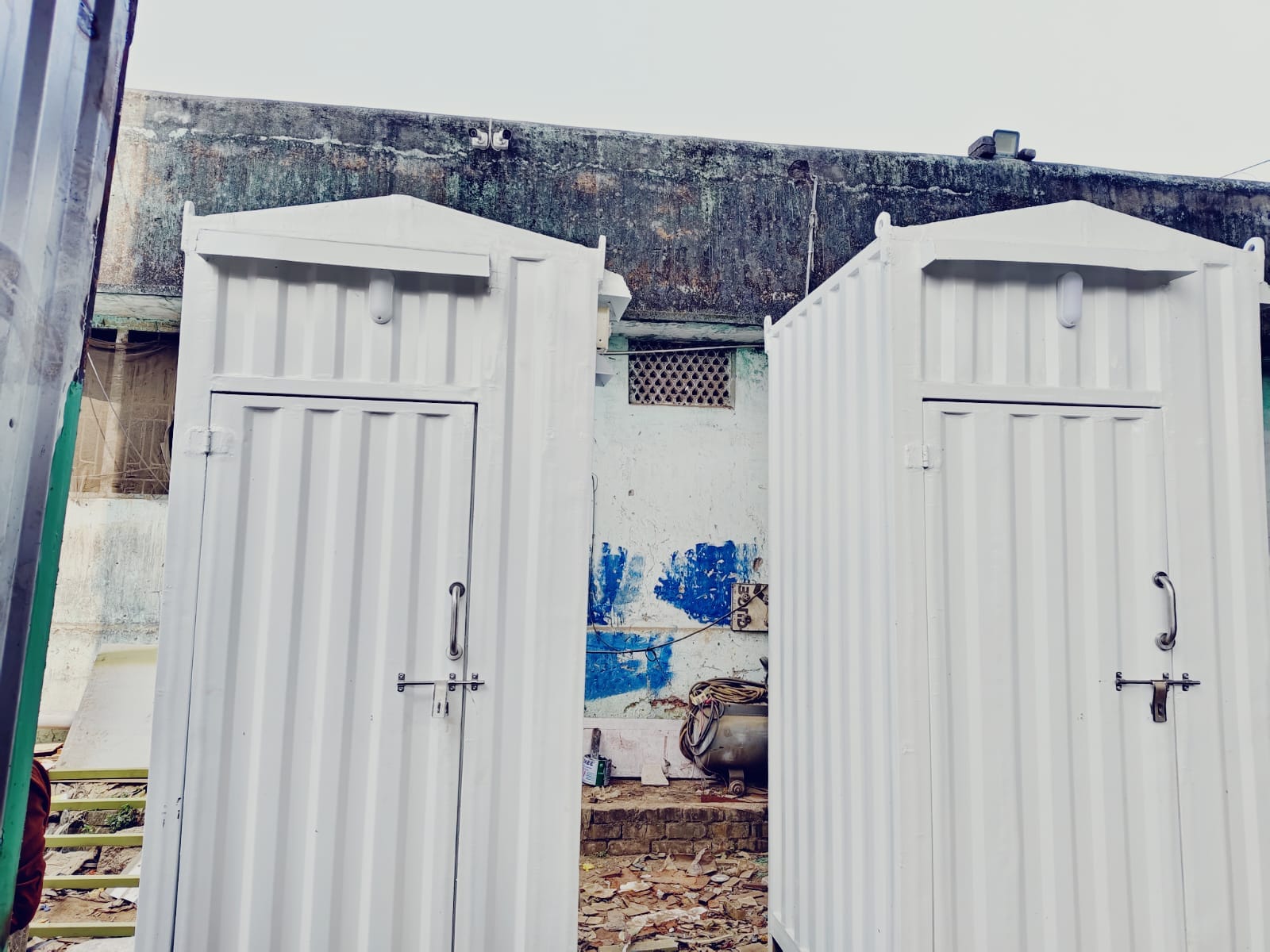 MS Toilet Cabin - Steel Frame, 4'x4'x8' ft, White & Blue | High Wind Resistance, 400 kg Floor Load, Vinyl Flooring, Concealed Plumbing