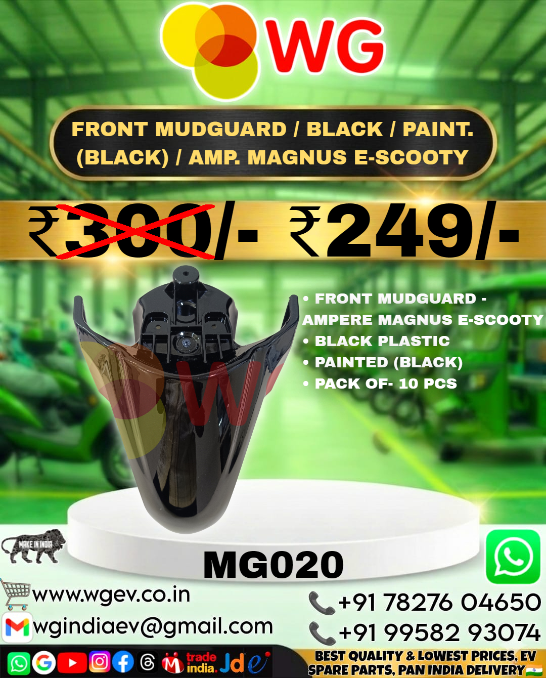 Black Paint Black Amp. Magnus E-Scooty Front Mudguard - Black Painted Plastic, Pack of 10 | Manual, For E-Scooty