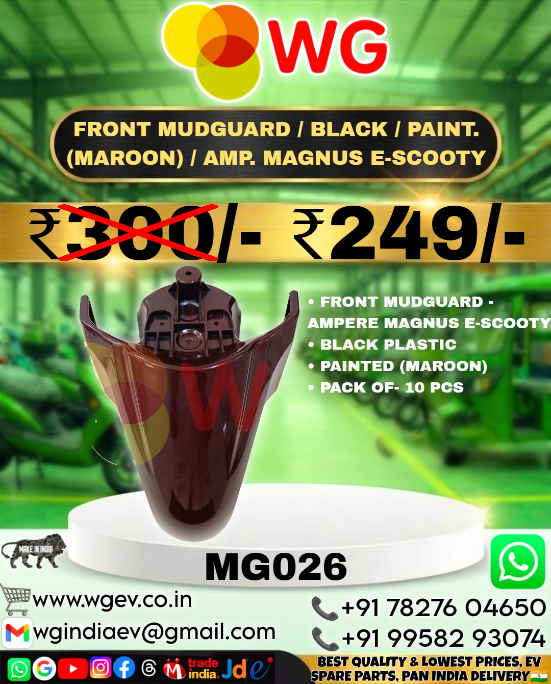Black Paint Maroon Amp. Magnus E-Scooty Front Mudguard - Finish: Polished
