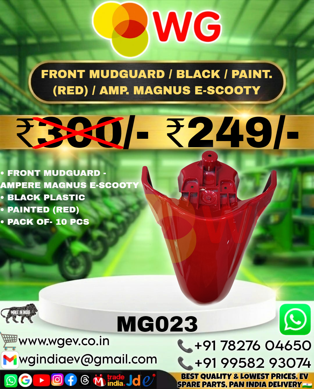 Black Paint Red Amp. Magnus E-Scooty Front Mudguard - Finish: Polished