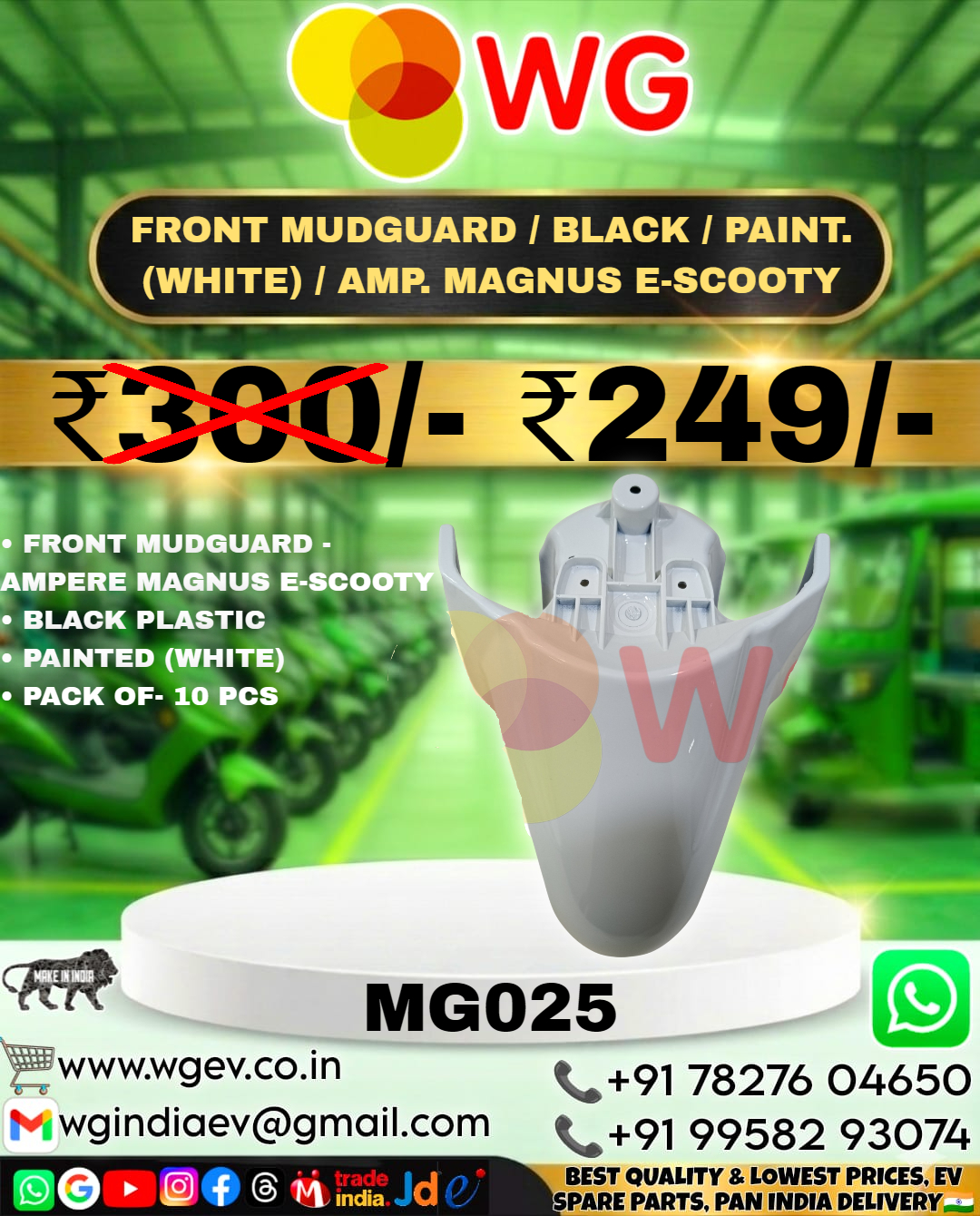 Black Paint White Amp. Magnus E-Scooty Front Mudguard - Finish: Polished