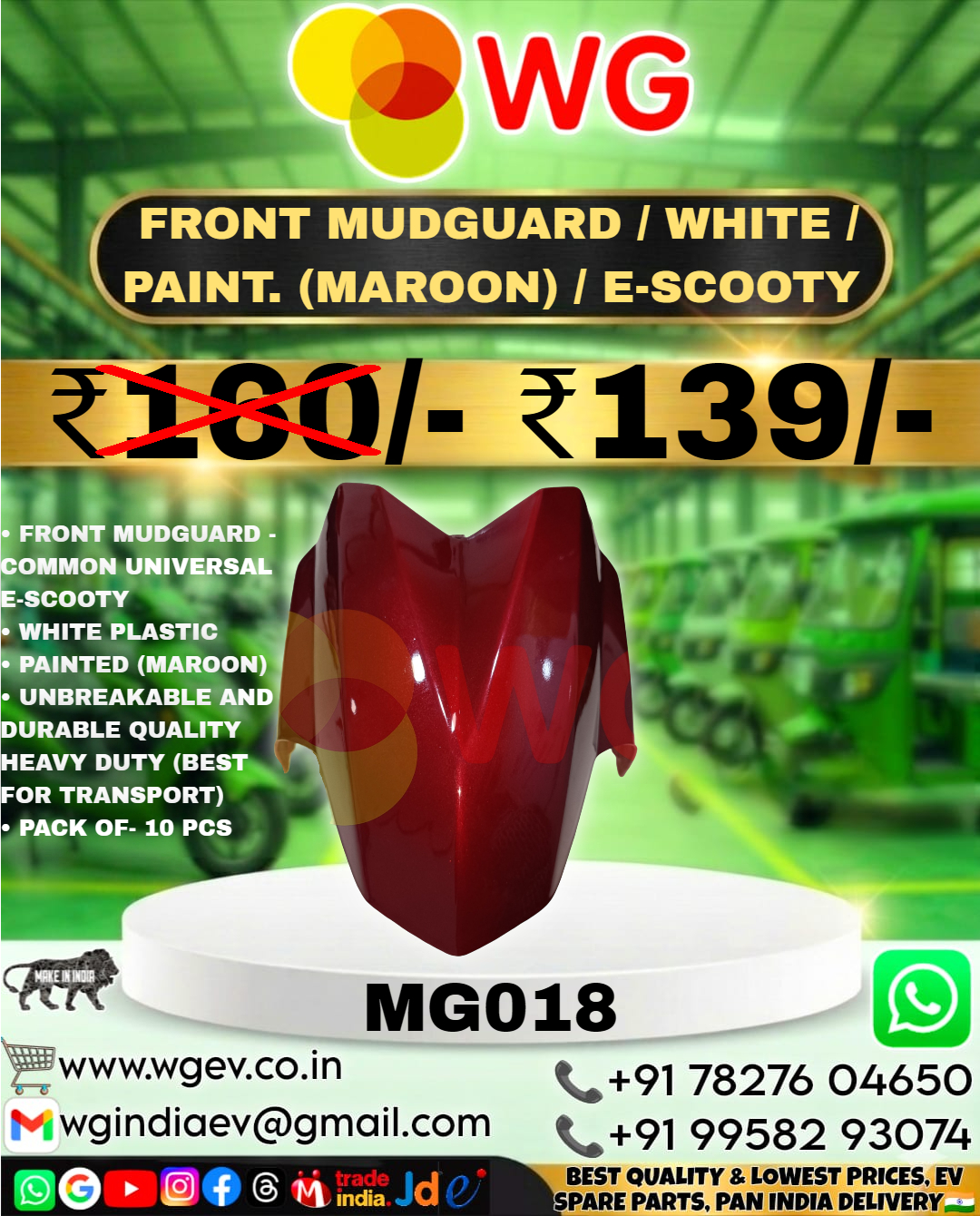 Maroon Paint E-Scooty Front Mudguard - Color: White
