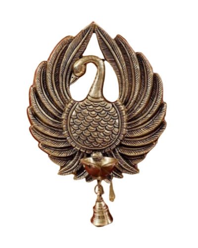 Brass Wall Hanging Peacock Deepam With Bell - Color: Antique Gold/Brass Finish