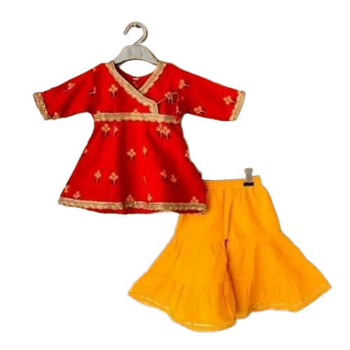 Kids Anarkali Dress - Cotton, Size S, Red and Yellow, 3/4th Sleeves, Breathable, Washable, Adjustable Waist