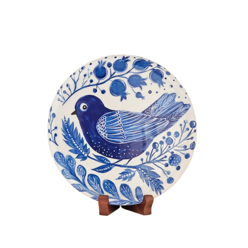 Ritualistic Birds Single Wall Plate For Home Decoration - Color: White & Blue