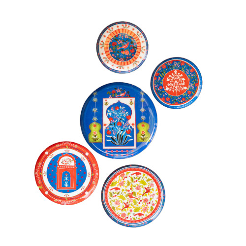 Ritualistic Indigo Jaipur Wall Plates For Home Decoration Set Of 5 Pieces - Color: Multicolour