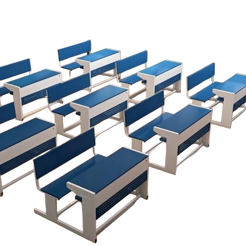Classroom Furniture - Iron Frame, Wood Table Top, 2 Seaters, Blue and White | Powder Coated, Fixed Bench, Indoor School Use