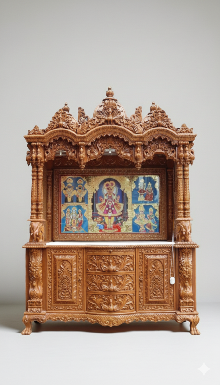 Designer Wooden Temple For Home - Teak Wood, 60x24x66 inches, Natural Wood Color | Carved Traditional Design, Polished Finish, Table/Wall Mount, Hinduism Theme