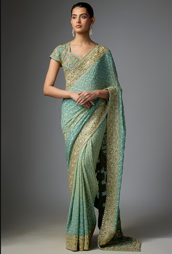 Blue Shaded Bandhani Hand Embroidered Saree Set