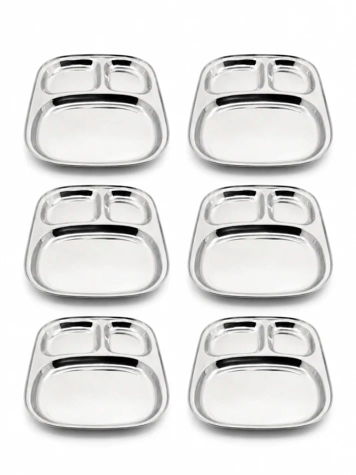 Stainless Steel Three Sectioned Plates 3 In 1 Compartment Dinner Plate - Color: Silver