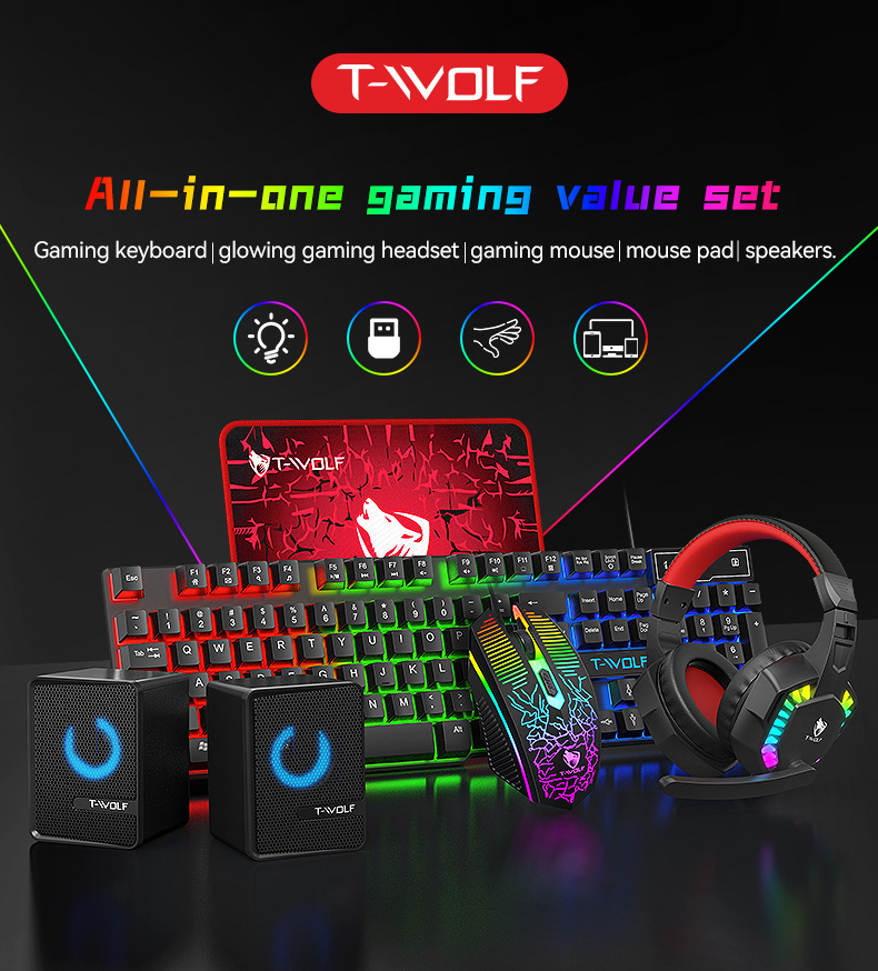 T-Wolf Tf880 Luminous Gaming Keyboard Mouse Headphone Speaker Five Piece Set - Application: Computer
