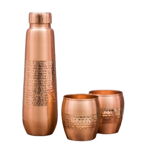 Hammered Pure Copper Water Bottle And 2 Tumblers Set - Capacity: 1 Ltr