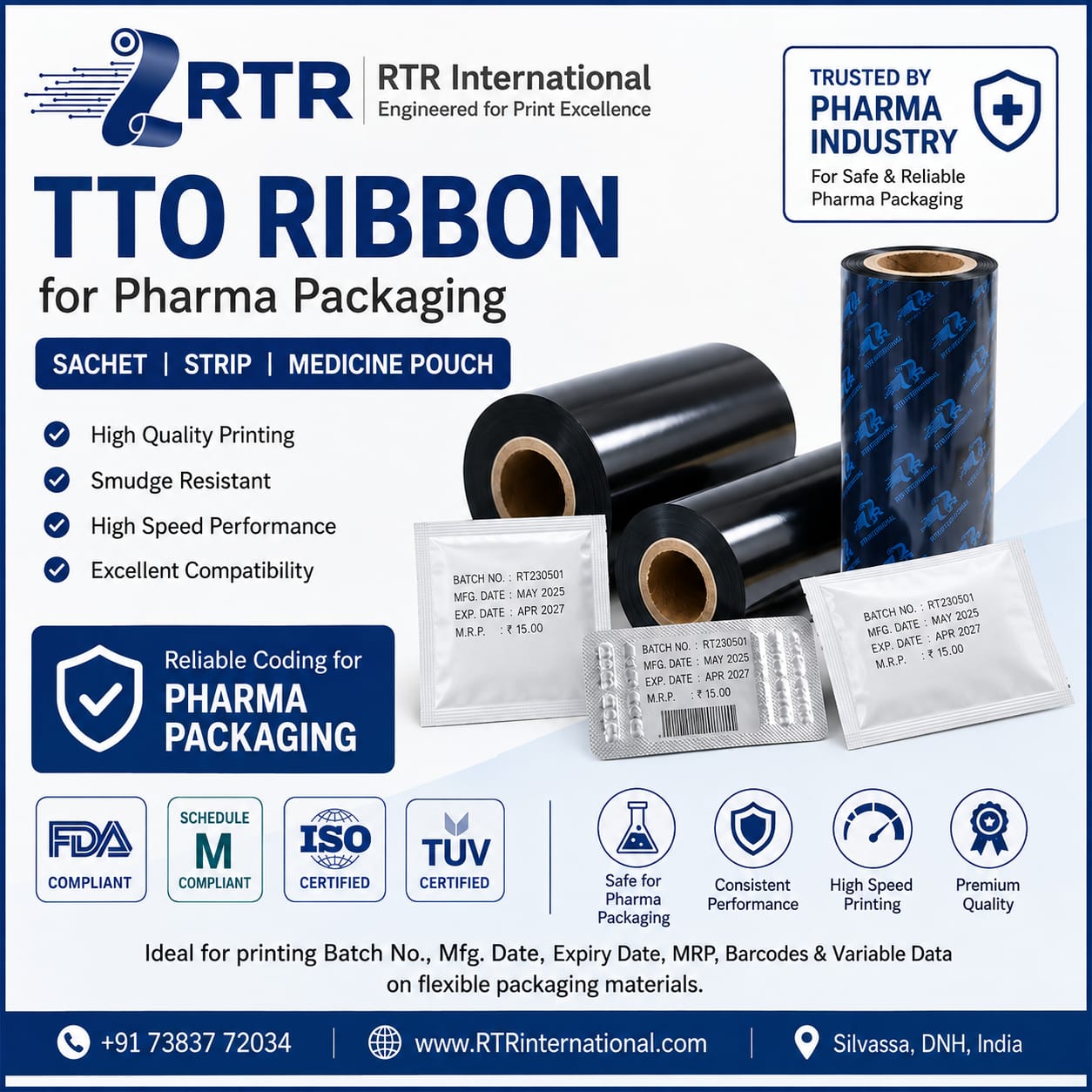 TTO Ribbon For Pharma Packaging Sachet Strip Medicine Pouch FDA Schedule M ISO TUV Certified India
