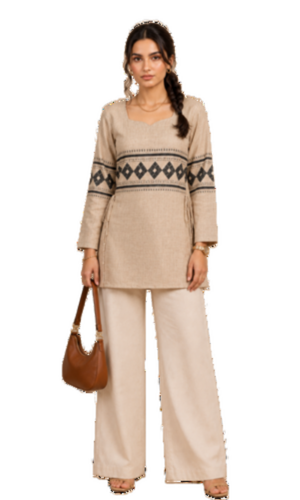 Womens Beige Printed Kurti With Geometric Border